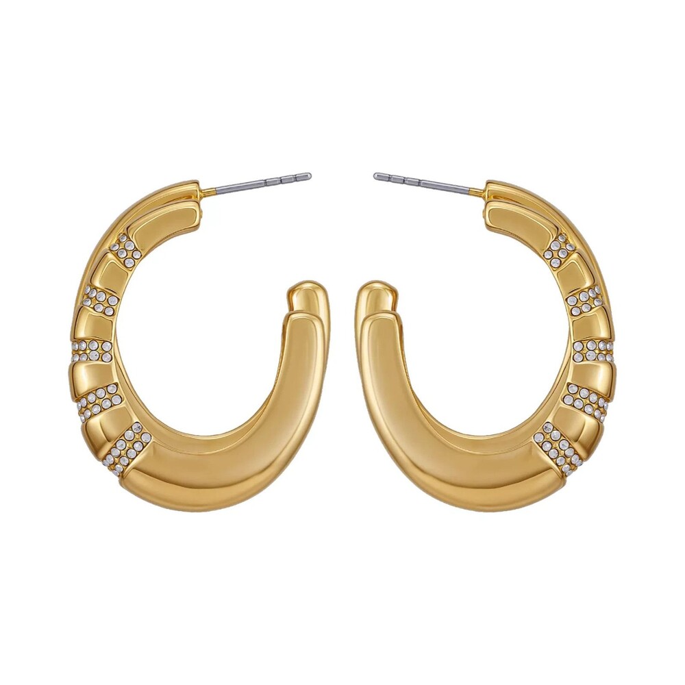 GUESS Gold Tone Pave Glass Stone Huggie Hoop Earrings Post Back 1.4” Drop